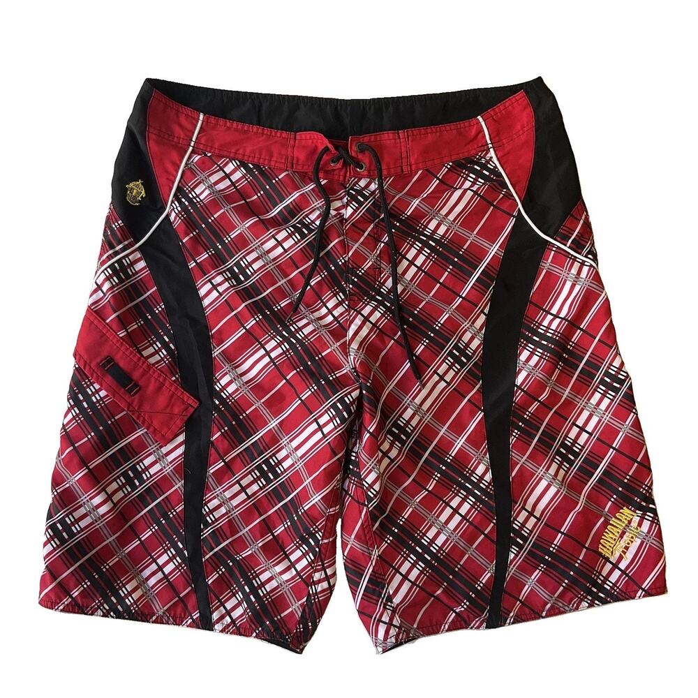 Hawaiian Tropic Men Shorts 36 Red Hawaiian Tropic Embroidery Swimwear Plaid 11”
